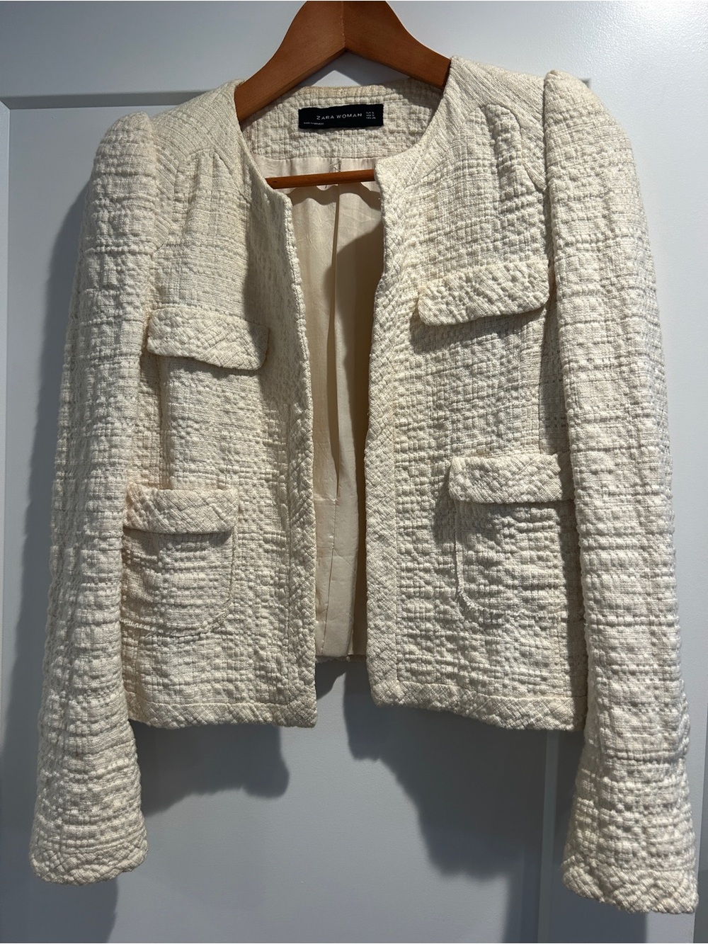 Zara Off-White Textured Tweed Blazer